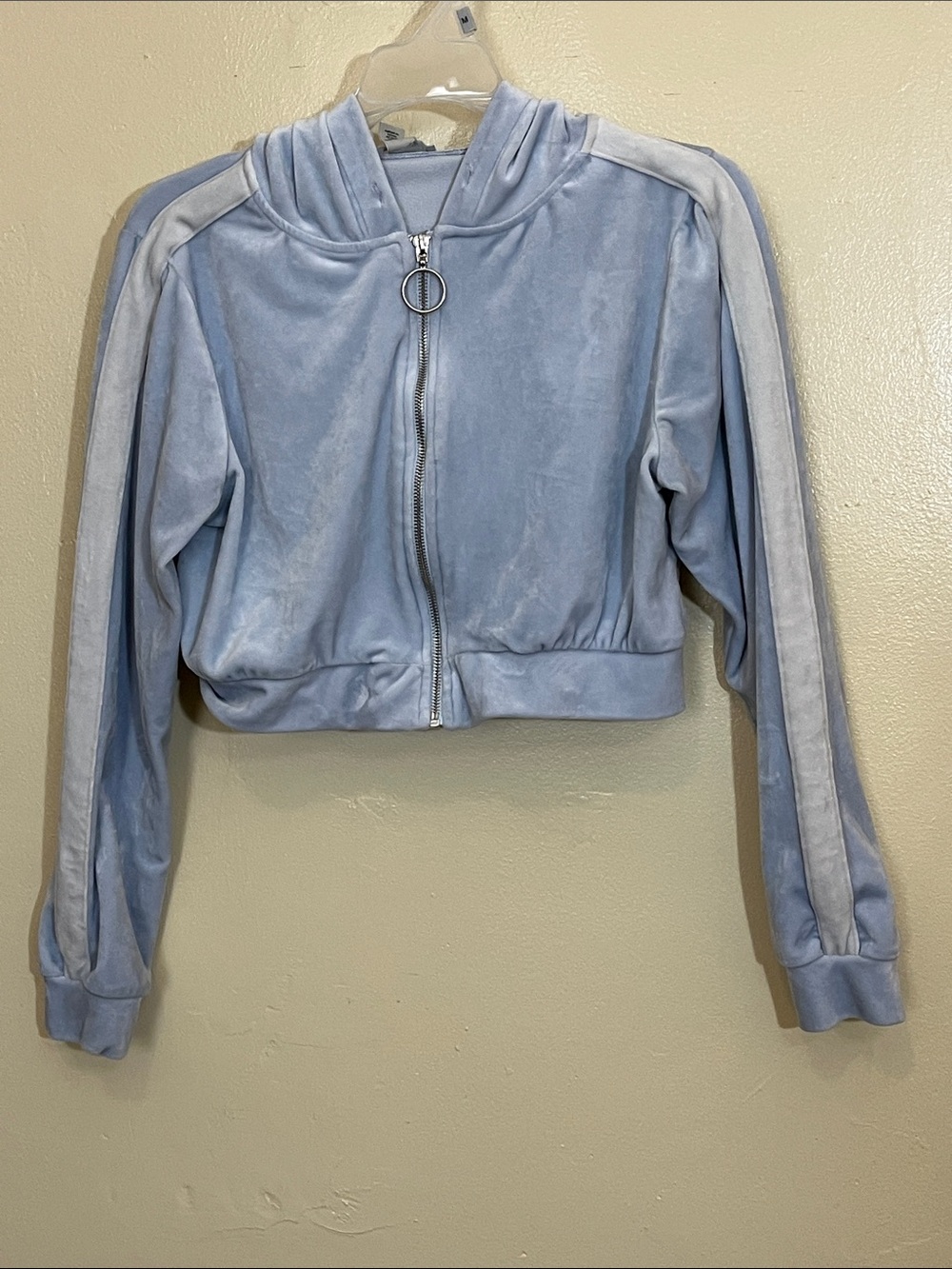 Cropped Light Blue Velour Hooded Zip Bomber Jacket - Women's